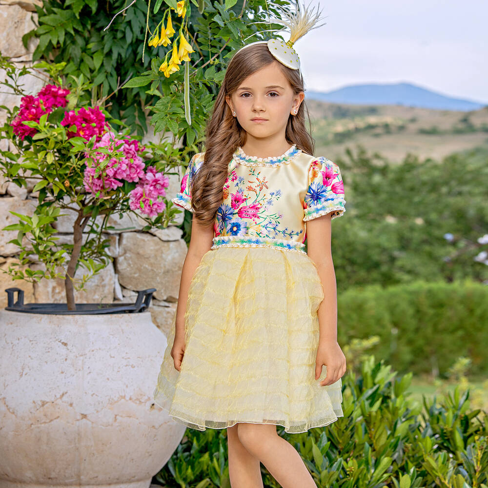 EIRENE-Yellow Floral Organza Dress | Childrensalon Outlet