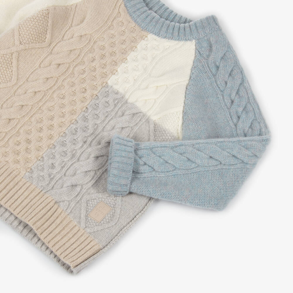 Eleventy-Boys Beige & Blue Colourblock Wool Knit Jumper | Childrensalon Outlet