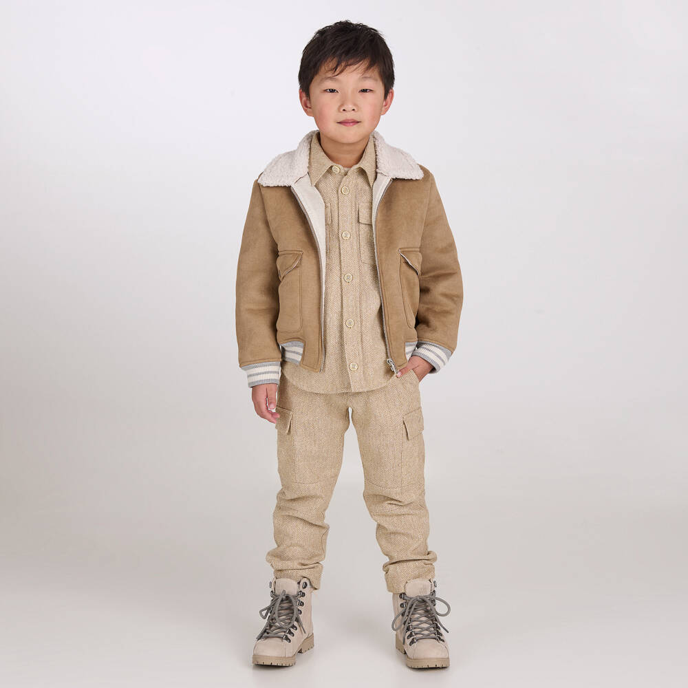 Eleventy-Boys Beige Herringbone Wool Mix Overshirt | Childrensalon Outlet