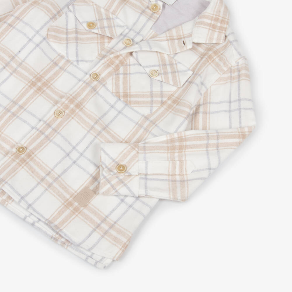 Eleventy-Boys Beige Ivory Check Flannel Shirt | Childrensalon Outlet