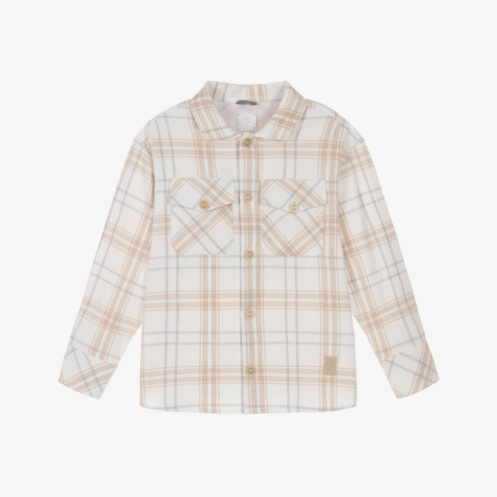 Eleventy-Boys Beige Ivory Check Flannel Shirt | Childrensalon Outlet