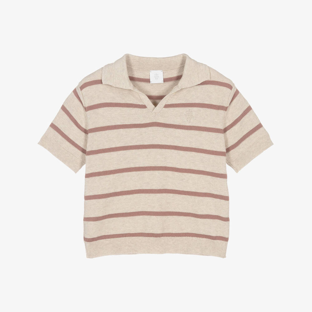 Eleventy-Boys Beige Stripe Textured Knit Polo Shirt | Childrensalon Outlet