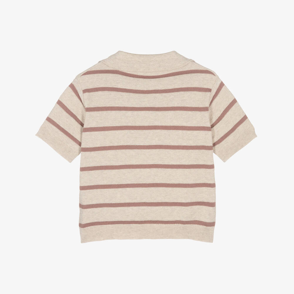 Eleventy-Boys Beige Stripe Textured Knit Polo Shirt | Childrensalon Outlet