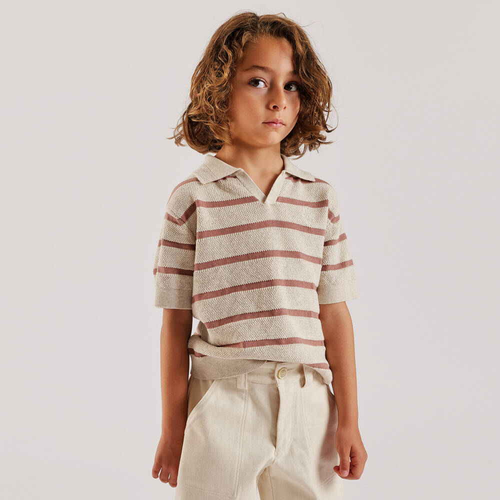 Eleventy-Boys Beige Stripe Textured Knit Polo Shirt | Childrensalon Outlet