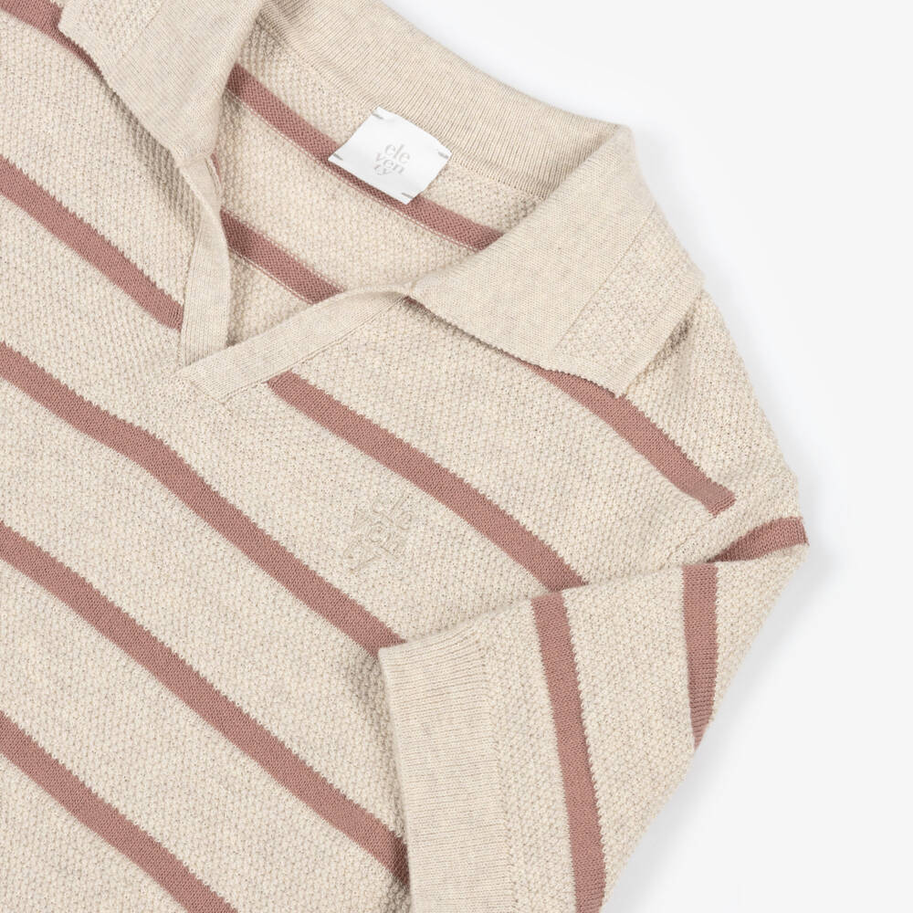 Eleventy-Boys Beige Stripe Textured Knit Polo Shirt | Childrensalon Outlet