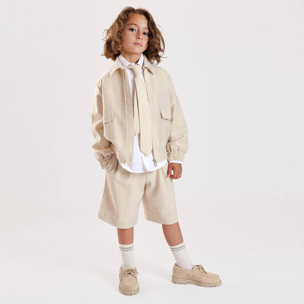 Eleventy-Boys Beige Wool Zip-Up Jacket | Childrensalon Outlet