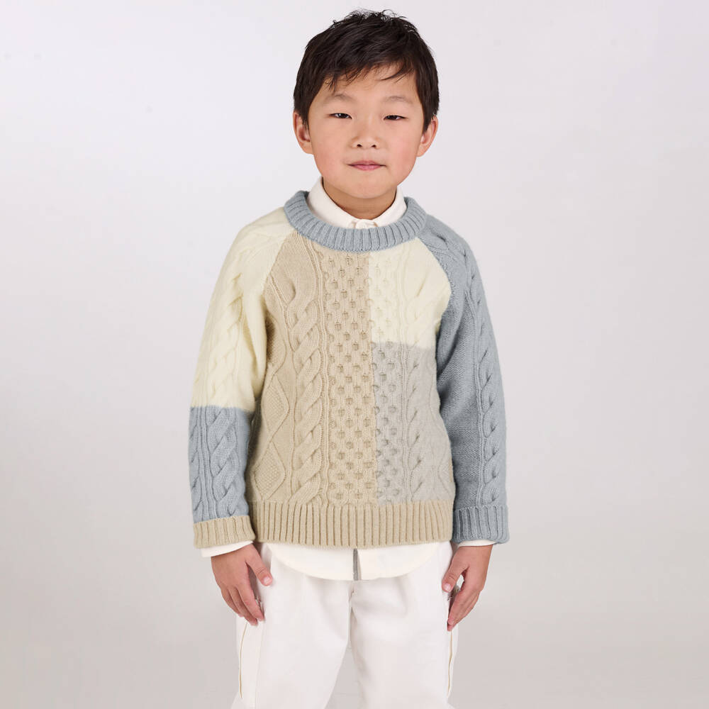 Eleventy-Boys Cozy Beige and Blue Sweater | Childrensalon Outlet
