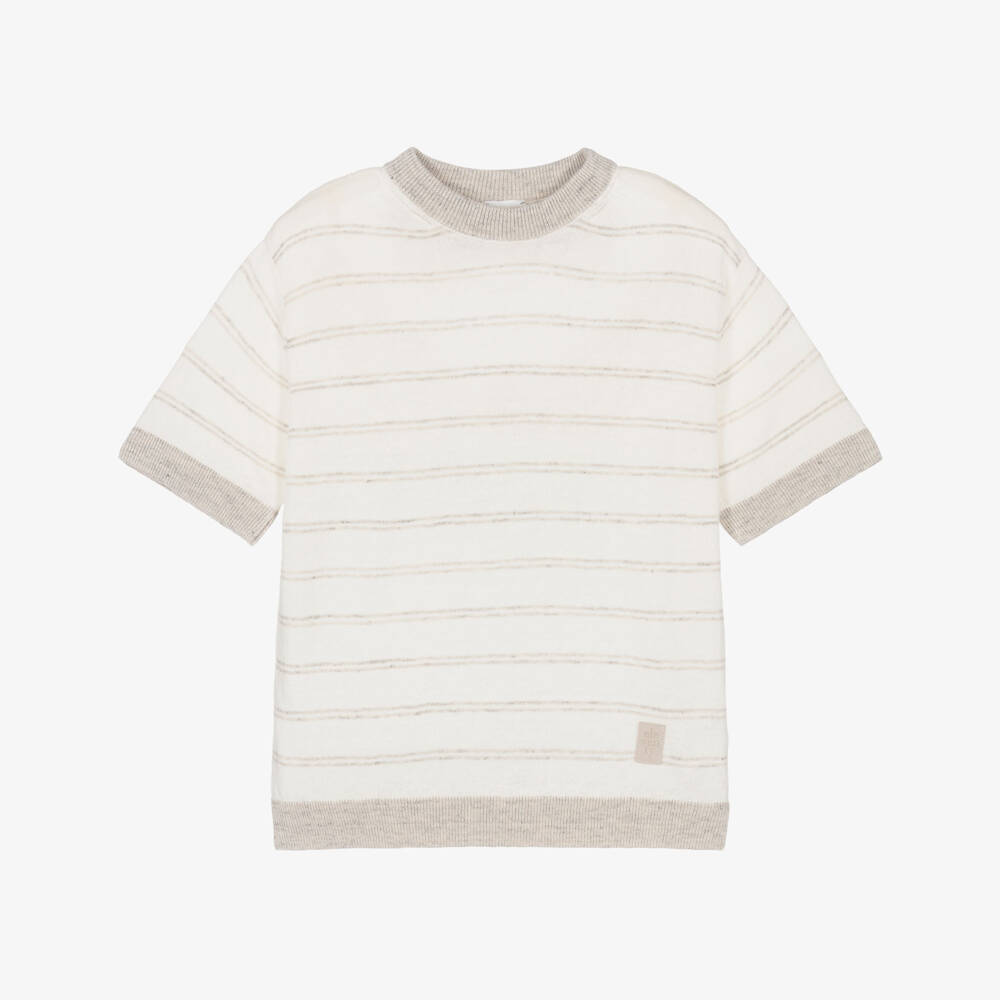 Eleventy-Boys Ivory & Beige Striped Knit Top | Childrensalon Outlet