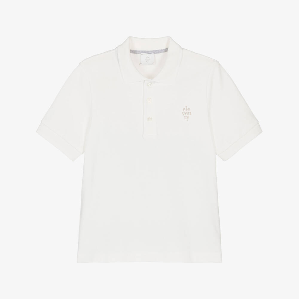 Eleventy-Boys Ivory Piqué Polo Shirt with Embroidered Logo | Childrensalon Outlet