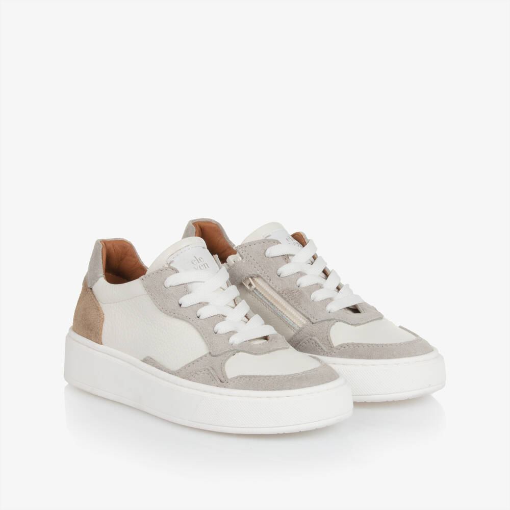 Eleventy-حذاء رياضي جلدي رمادي وأبيض للأولاد | Childrensalon Outlet