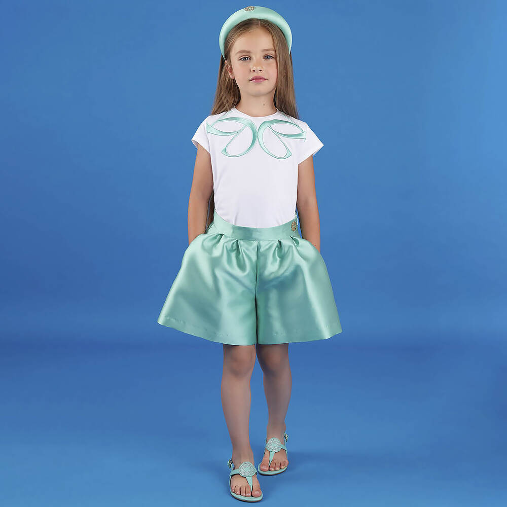 Elie Saab-Girls Aqua Blue Satin Shorts | Childrensalon Outlet