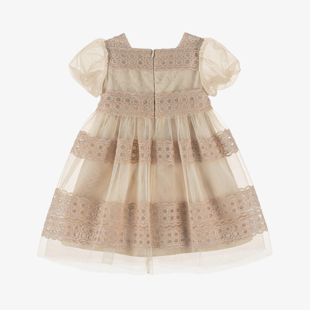 Elie Saab-Girls Beige Embroidered Tulle Dress | Childrensalon Outlet