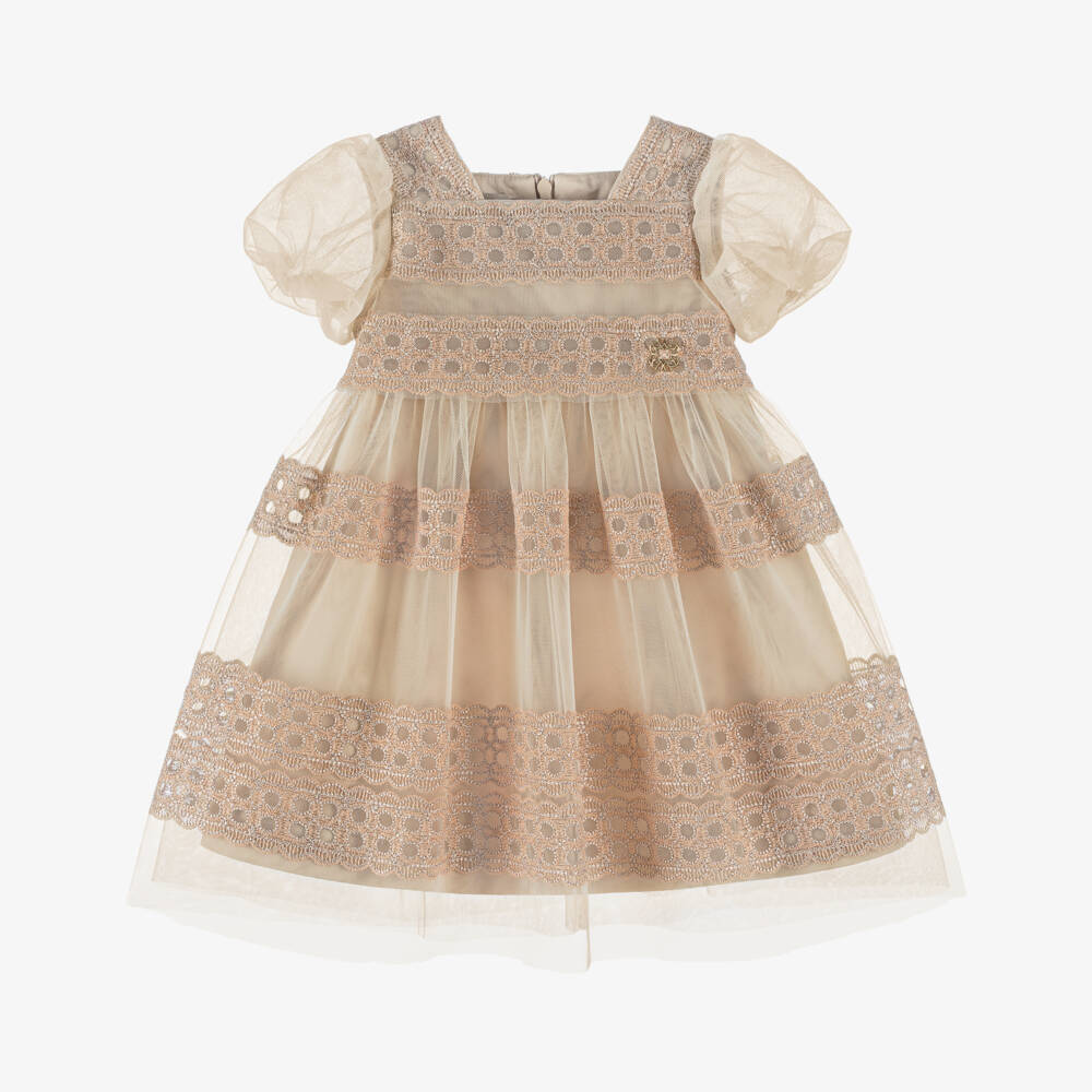 Elie Saab-Girls Beige Embroidered Tulle Dress | Childrensalon Outlet