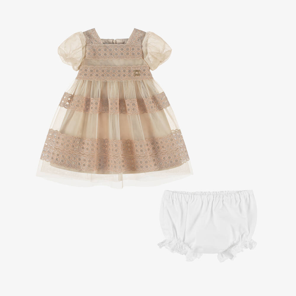 Elie Saab-Girls Beige Embroidered Tulle Dress | Childrensalon Outlet
