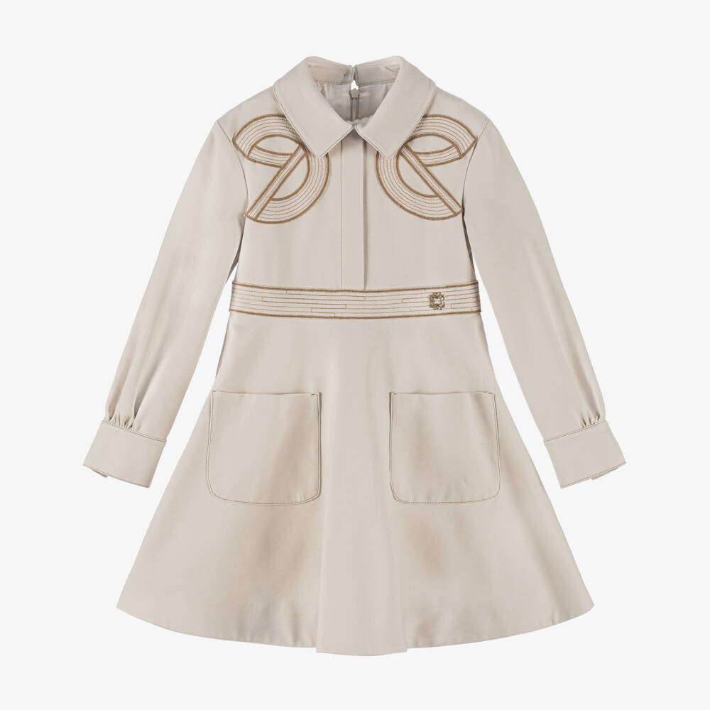 Elie Saab-Girls Beige Jersey Shirt Dress with Embroidered Logos | Childrensalon Outlet