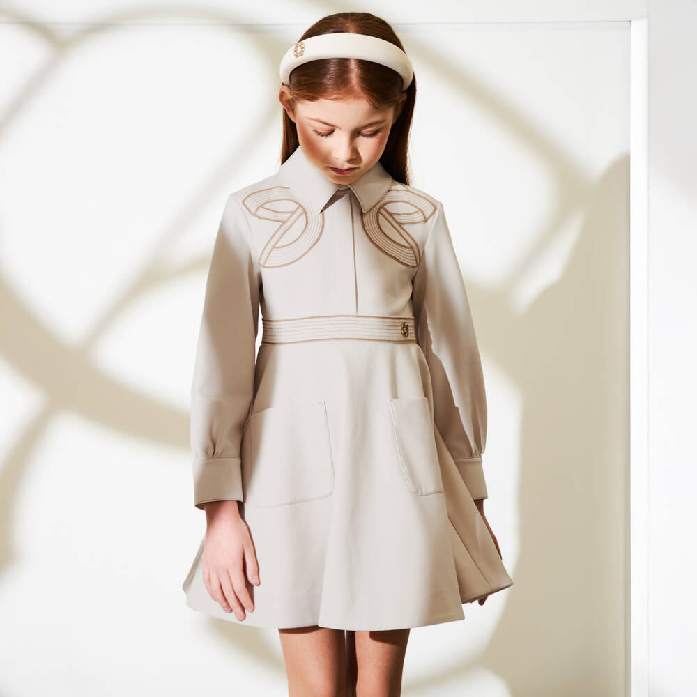 Elie Saab-Girls Beige Jersey Shirt Dress with Embroidered Logos | Childrensalon Outlet