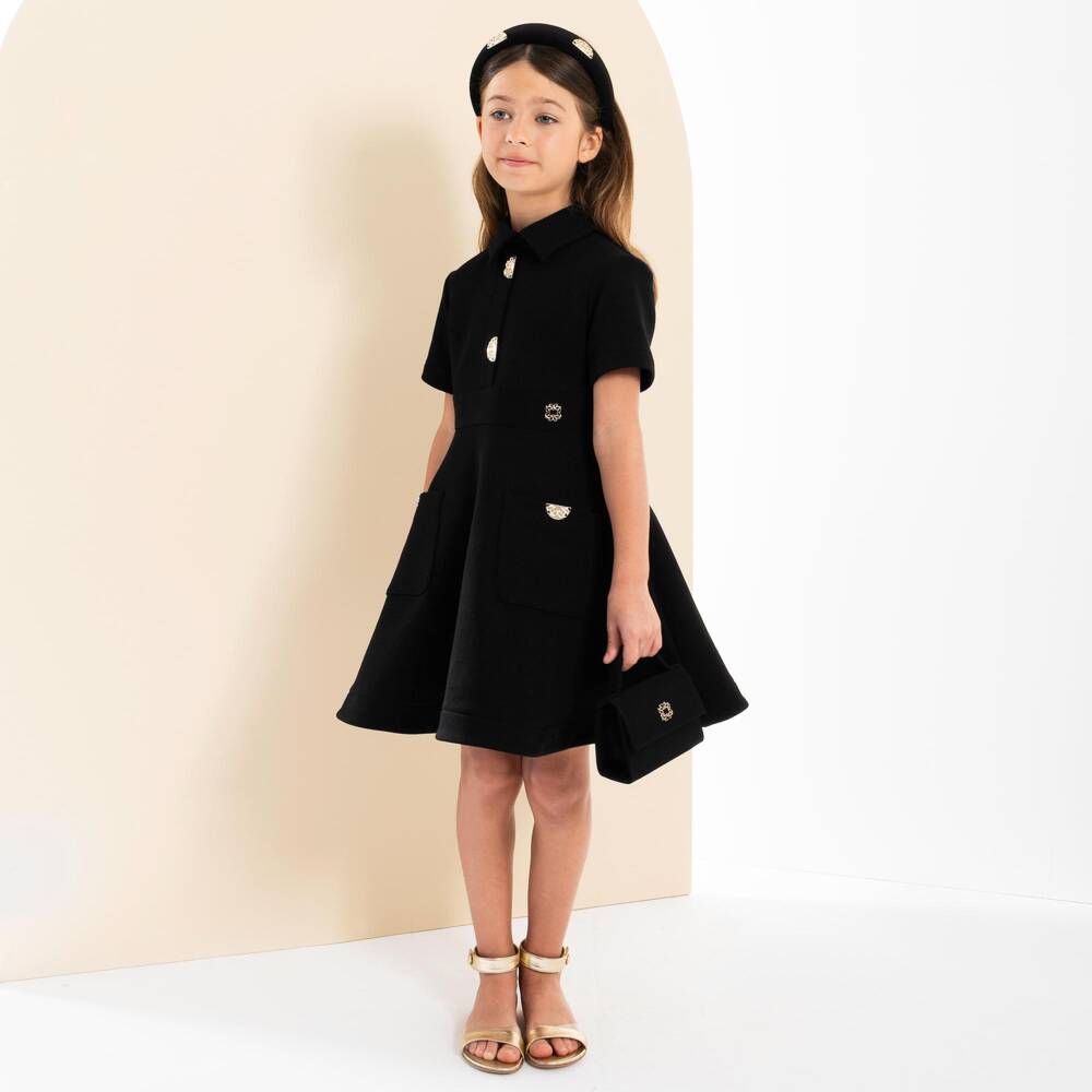 Elie Saab-Girls Black Cotton Jersey Dress with Gold Logo Detailing | Childrensalon Outlet