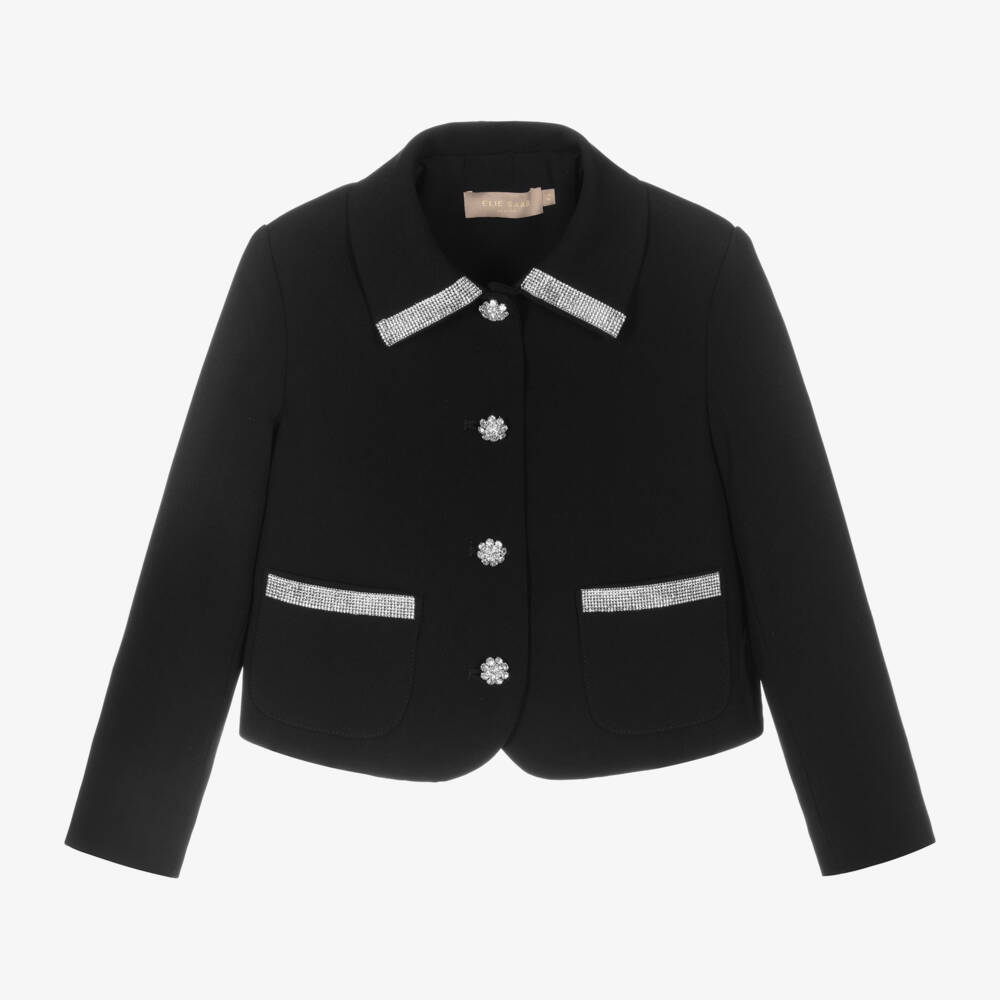 Elie Saab-بليزر مزين بكريستال كريب لون أسود للبنات | Childrensalon Outlet