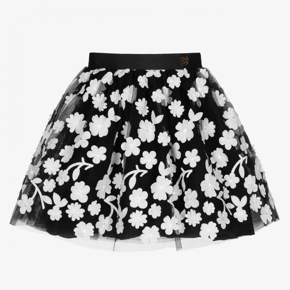 Elie Saab - Girls Black Floral Tulle Skirt | Childrensalon