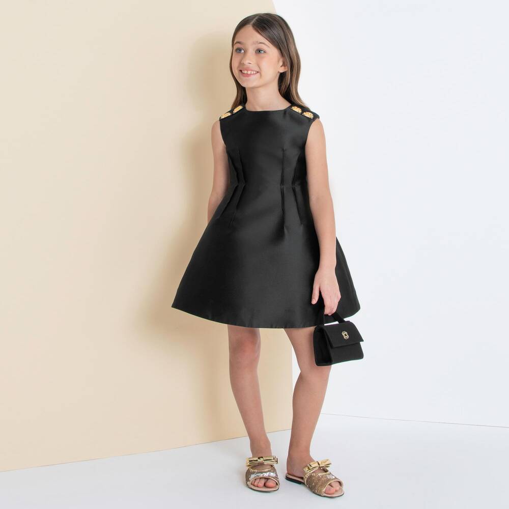 Elie Saab-Girls Black Satin Dress with Structured Skirt & Gold Trims | Childrensalon Outlet