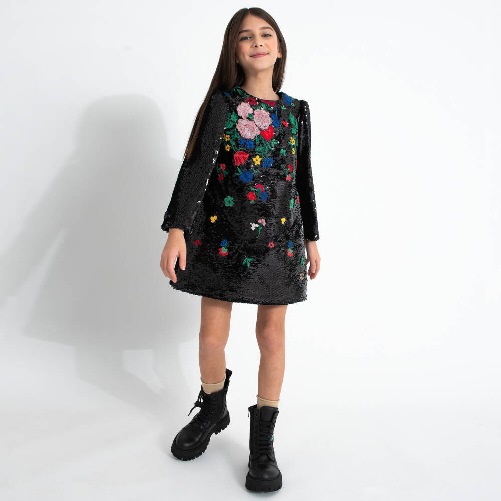 Elie Saab-Girls Black Sequin Floral Dress | Childrensalon Outlet