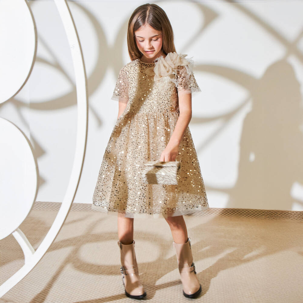 Elie Saab-Girls Glittering Gold Tulle Dress | Childrensalon Outlet