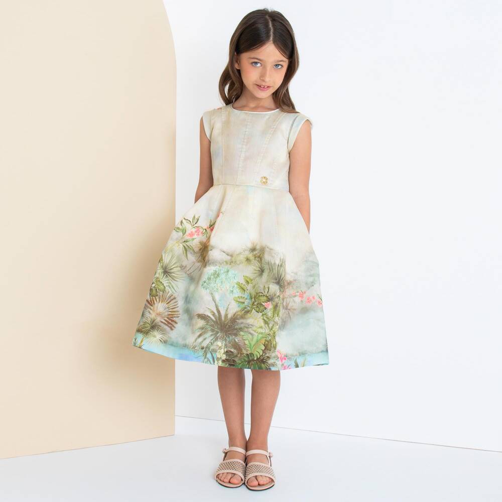 Elie Saab-Girls Green Textured Organza Floral Dress | Childrensalon Outlet