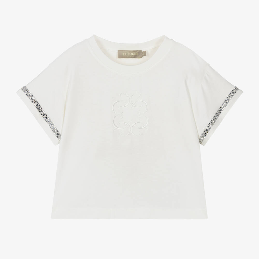 Elie Saab-Girls Ivory & Diamanté Viscose T-Shirt | Childrensalon Outlet