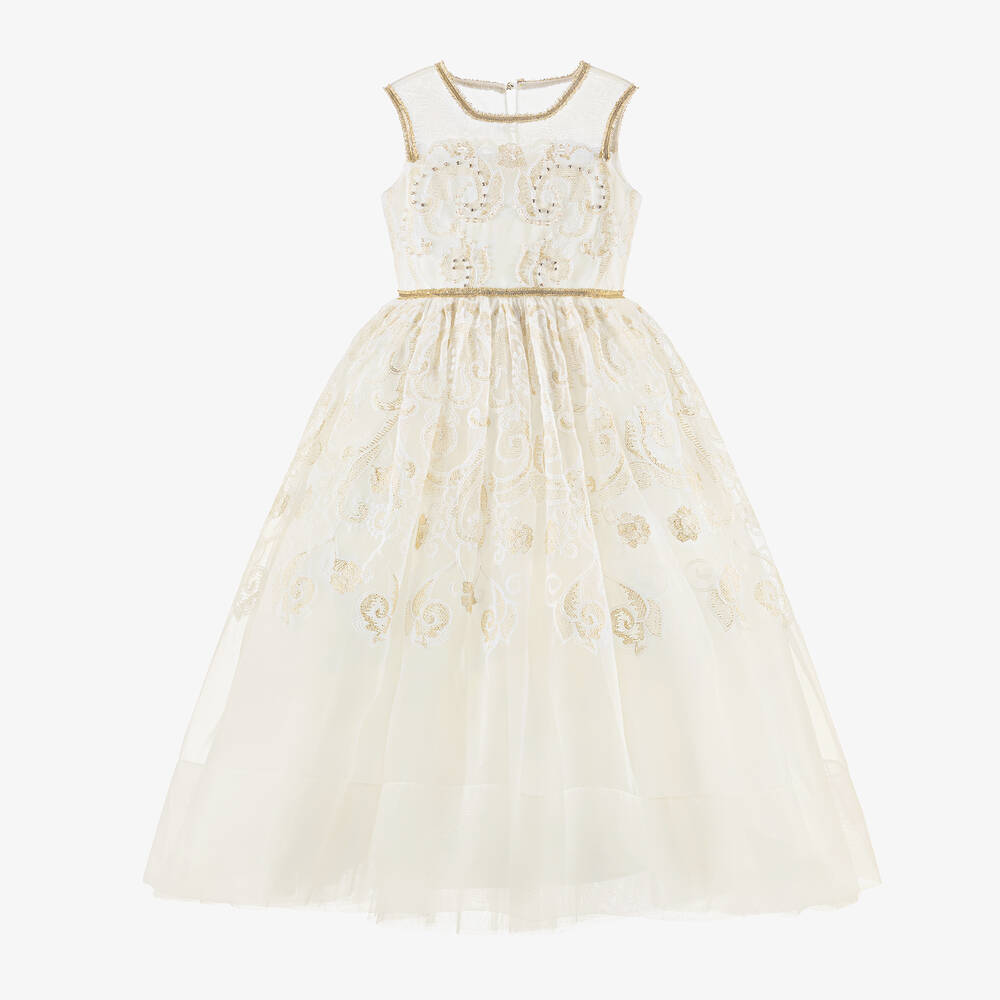 Elie Saab-Girls Ivory & Gold Organza Dress | Childrensalon Outlet