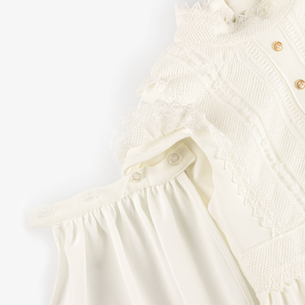 Elie Saab-Girls Ivory Lace Trimmed Crêpe Dress with Cape Sleeves | Childrensalon Outlet