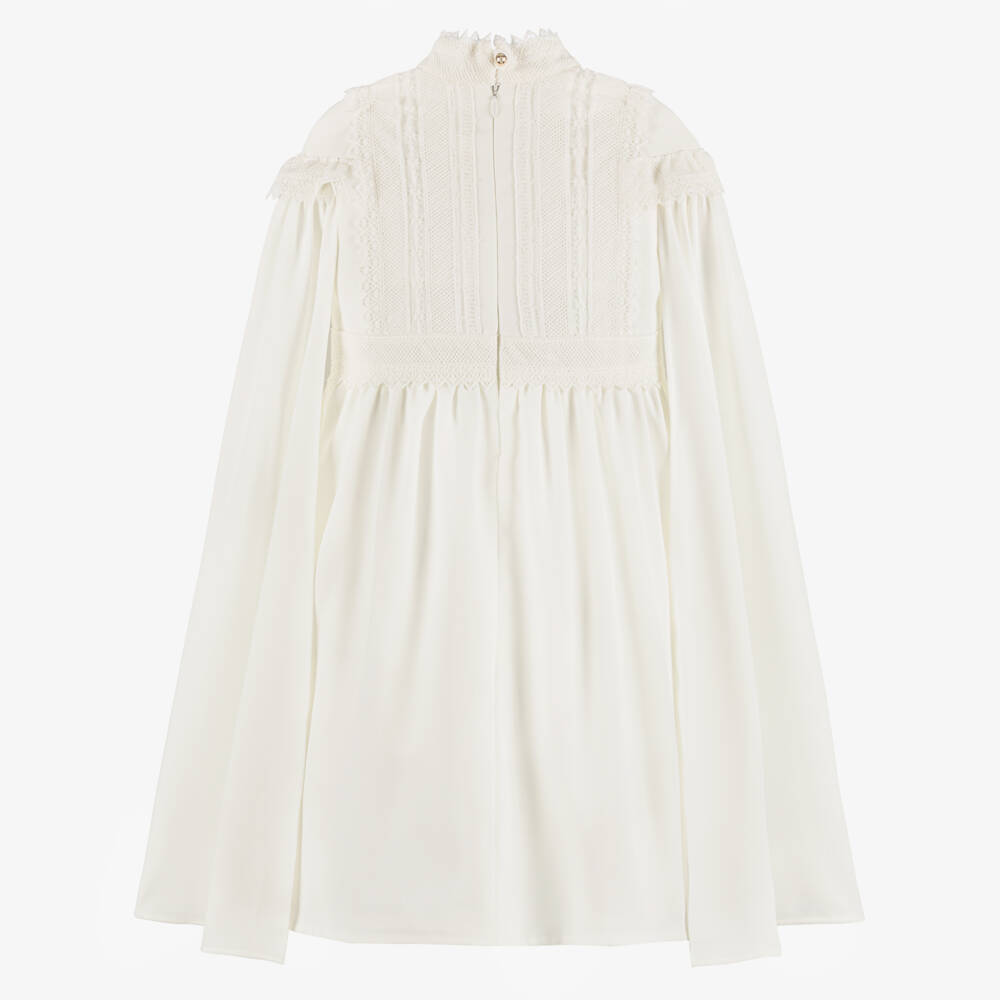 Elie Saab-Girls Ivory Lace Trimmed Crêpe Dress with Cape Sleeves | Childrensalon Outlet