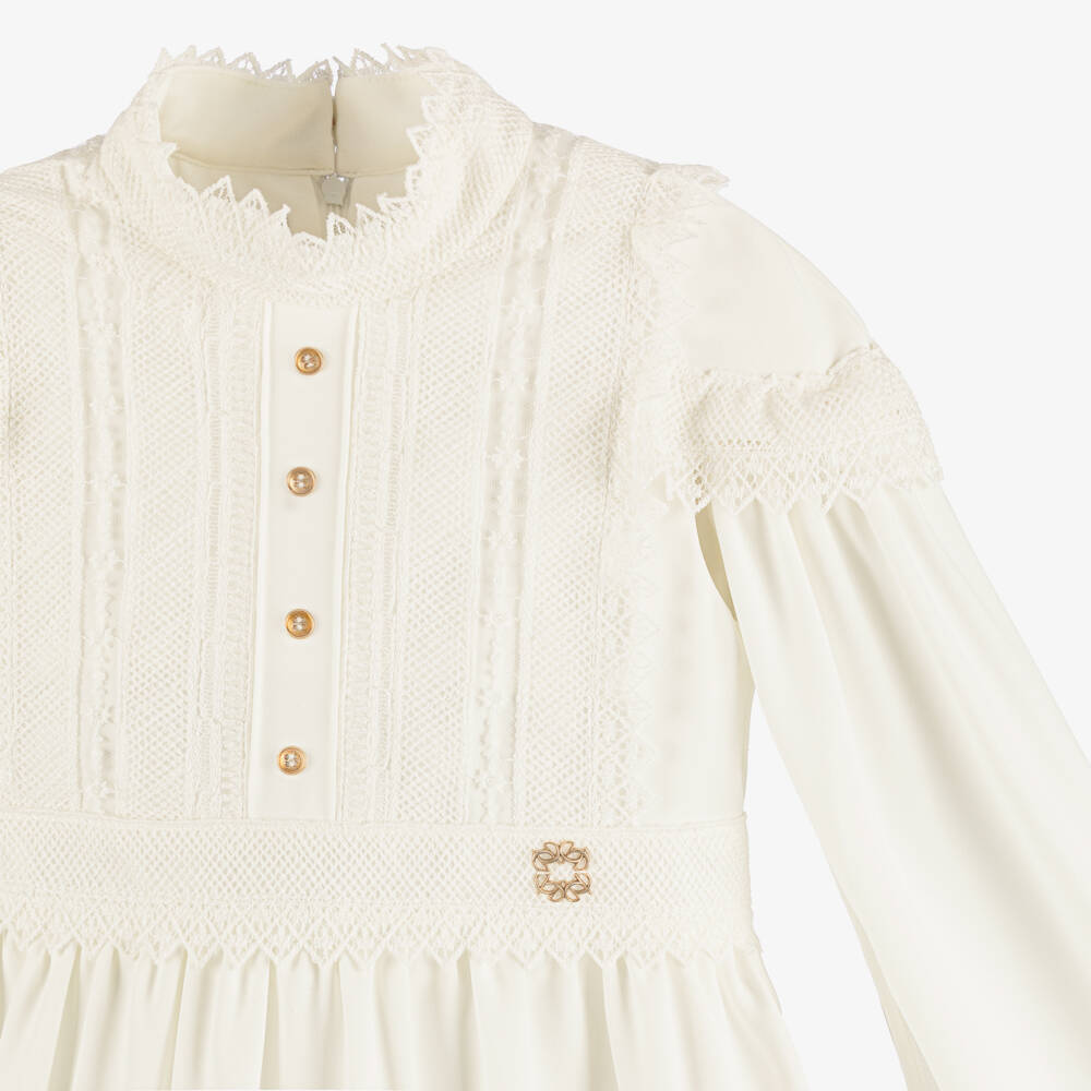 Elie Saab-Girls Ivory Lace Trimmed Crêpe Dress with Cape Sleeves | Childrensalon Outlet