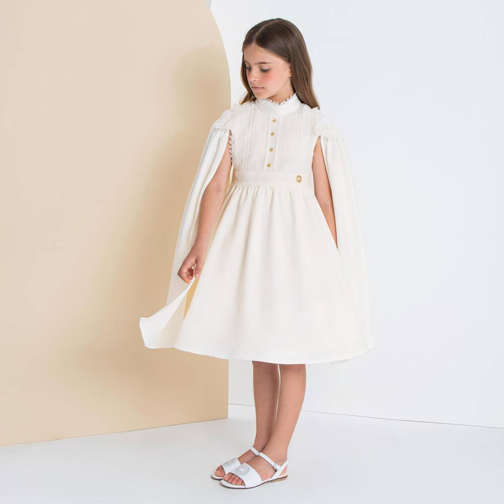Elie Saab-Girls Ivory Lace Trimmed Crêpe Dress with Cape Sleeves | Childrensalon Outlet