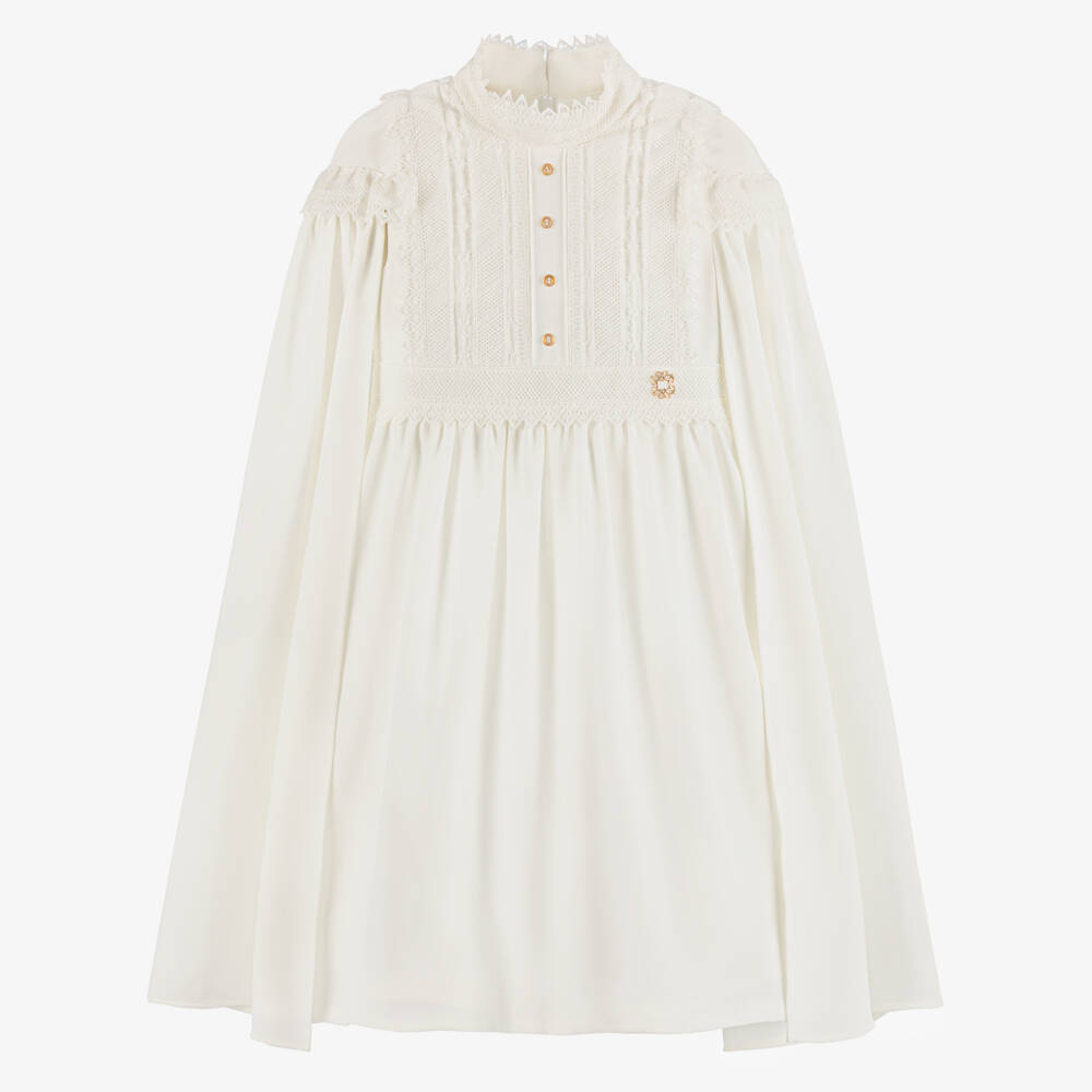 Elie Saab-Girls Ivory Lace Trimmed Crêpe Dress with Cape Sleeves | Childrensalon Outlet