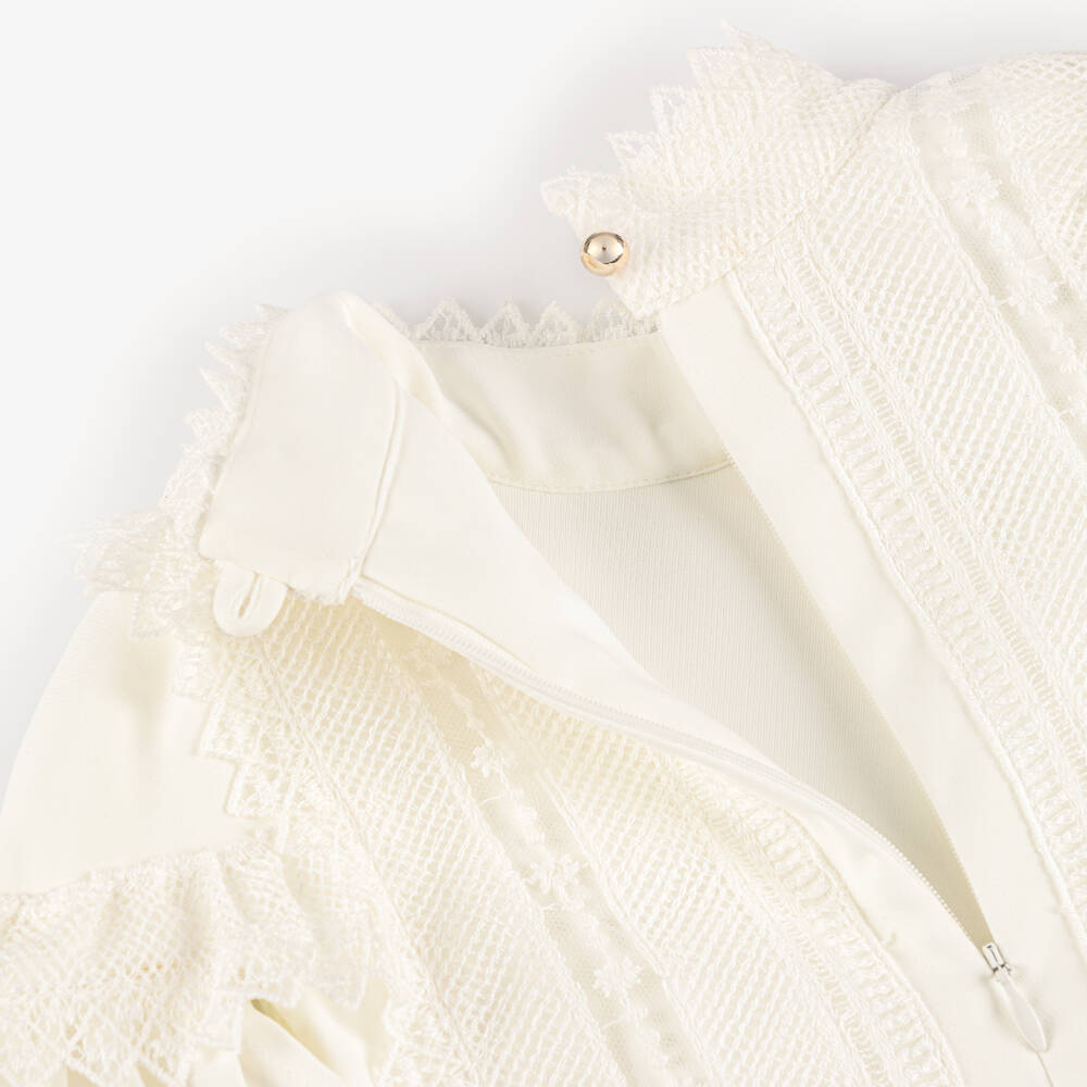 Elie Saab-Girls Ivory Lace Trimmed Crêpe Dress with Cape Sleeves | Childrensalon Outlet