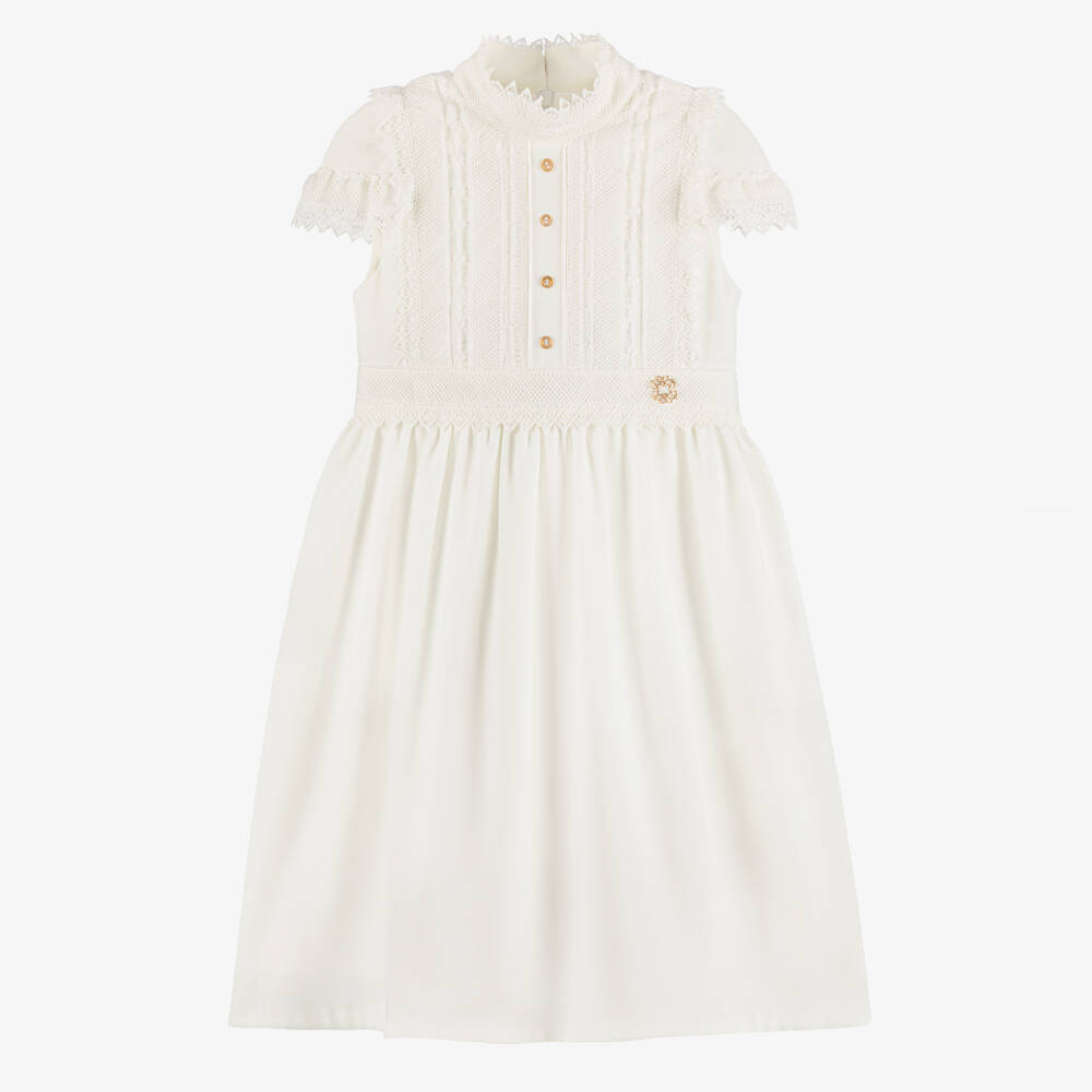 Elie Saab-Girls Ivory Lace Trimmed Crêpe Dress with Cape Sleeves | Childrensalon Outlet