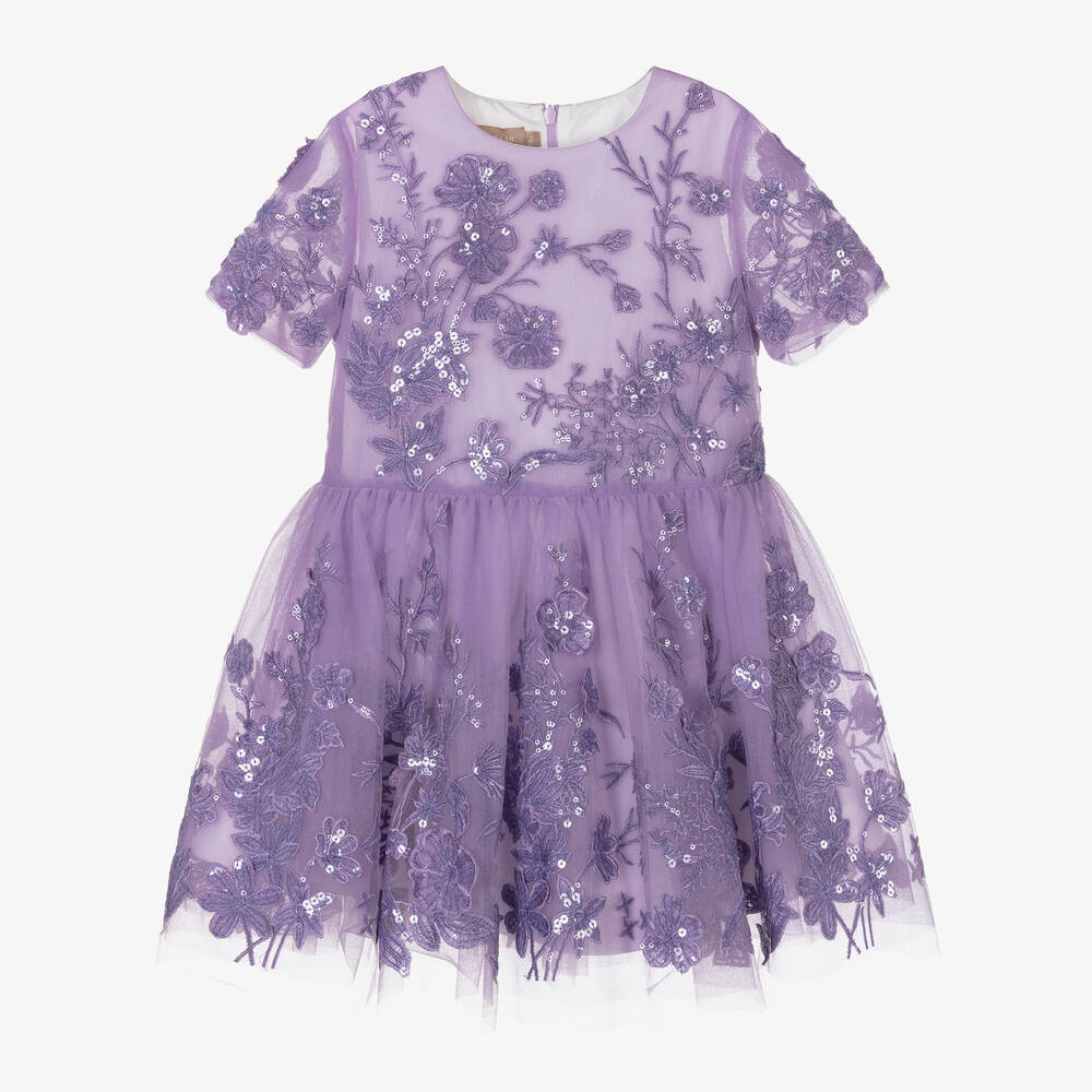 Elie Saab-Girls Lilac Purple Embroidered Tulle Dress  | Childrensalon Outlet