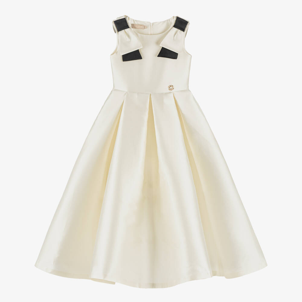 Elie Saab-Girls Long Ivory Silk Satin Dress with Black Bows | Childrensalon Outlet