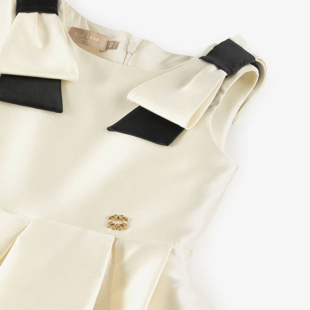 Elie Saab-Girls Long Ivory Silk Satin Dress with Black Bows | Childrensalon Outlet