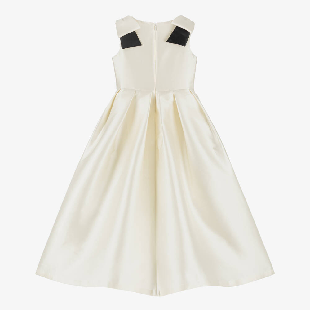 Elie Saab-Girls Long Ivory Silk Satin Dress with Black Bows | Childrensalon Outlet