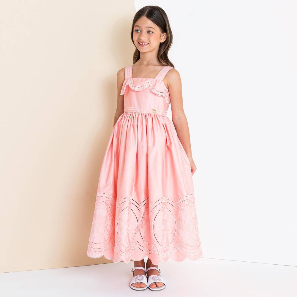 Elie Saab-Girls Pink Cotton Embroidered Maxi Dress | Childrensalon Outlet