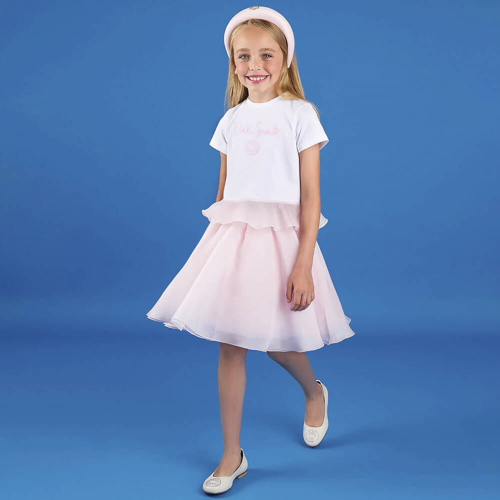 إيلي صعب-تنورة بكُسرات حرير أورغانزا وتول لون زهري | Childrensalon Outlet