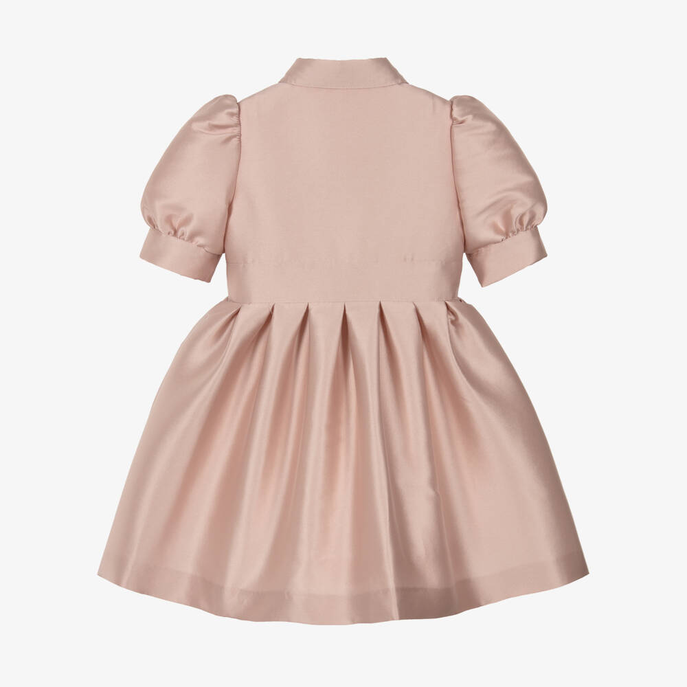 Elie Saab-Girls Pink Satin Puff Sleeve Dress with Gold Logo Detailing | Childrensalon Outlet
