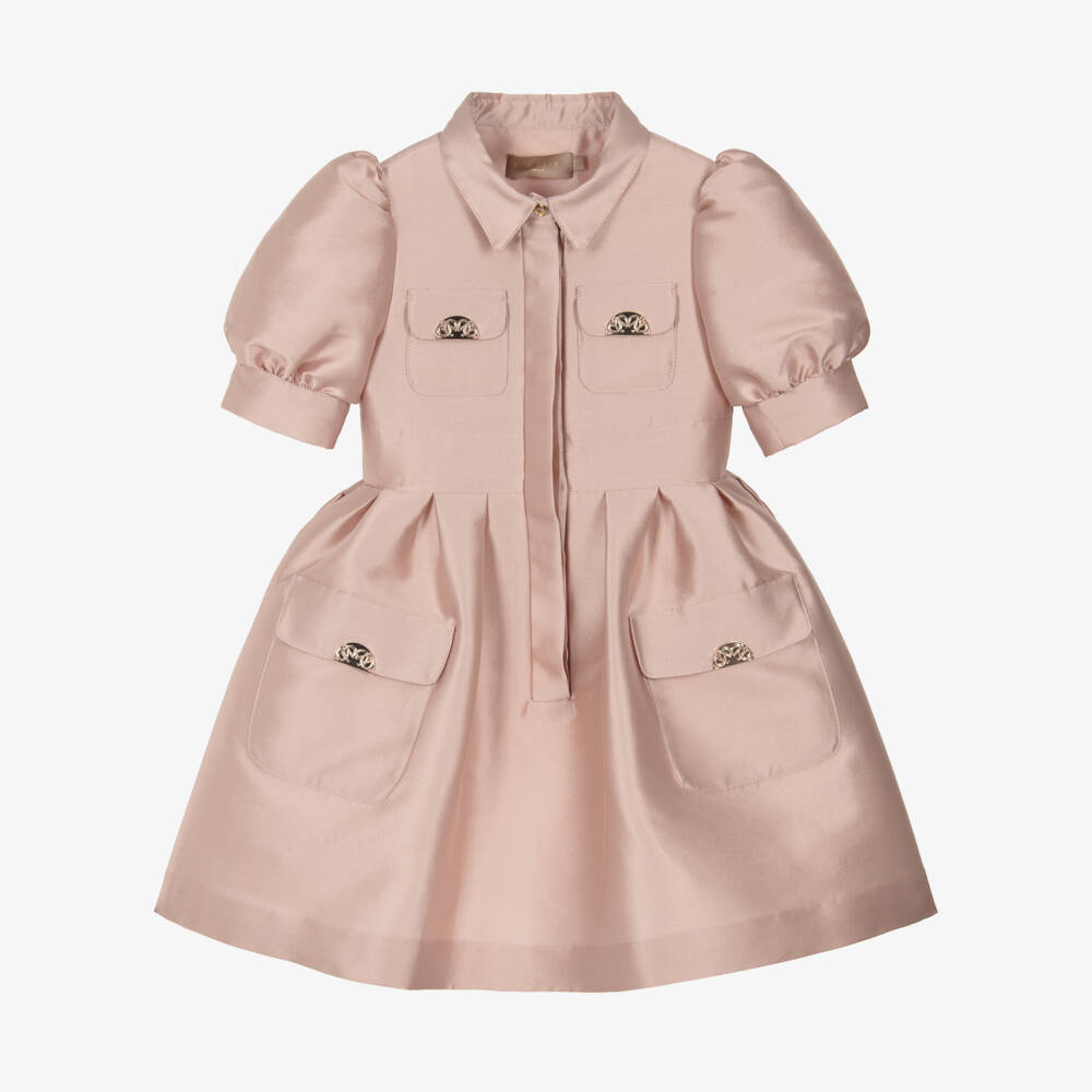 Elie Saab-Girls Pink Satin Puff Sleeve Dress with Gold Logo Detailing | Childrensalon Outlet