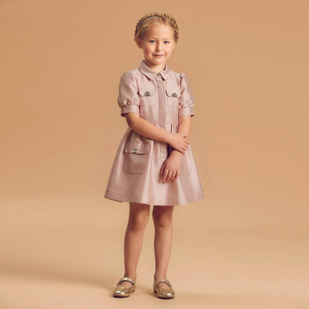 Elie Saab-Girls Pink Satin Puff Sleeve Dress with Gold Logo Detailing | Childrensalon Outlet