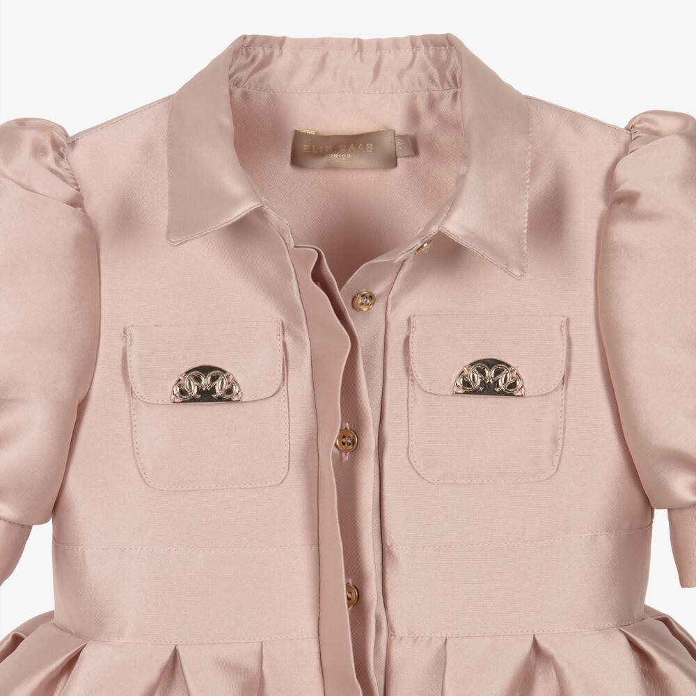 Elie Saab-Girls Pink Satin Puff Sleeve Dress with Gold Logo Detailing | Childrensalon Outlet