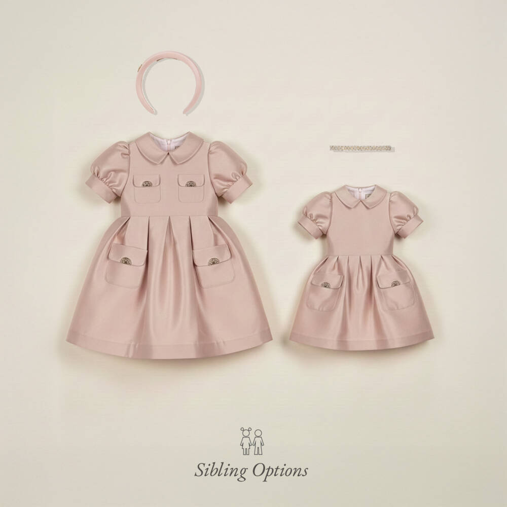Elie Saab-Girls Pink Satin Puff Sleeve Dress with Gold Logo Detailing | Childrensalon Outlet