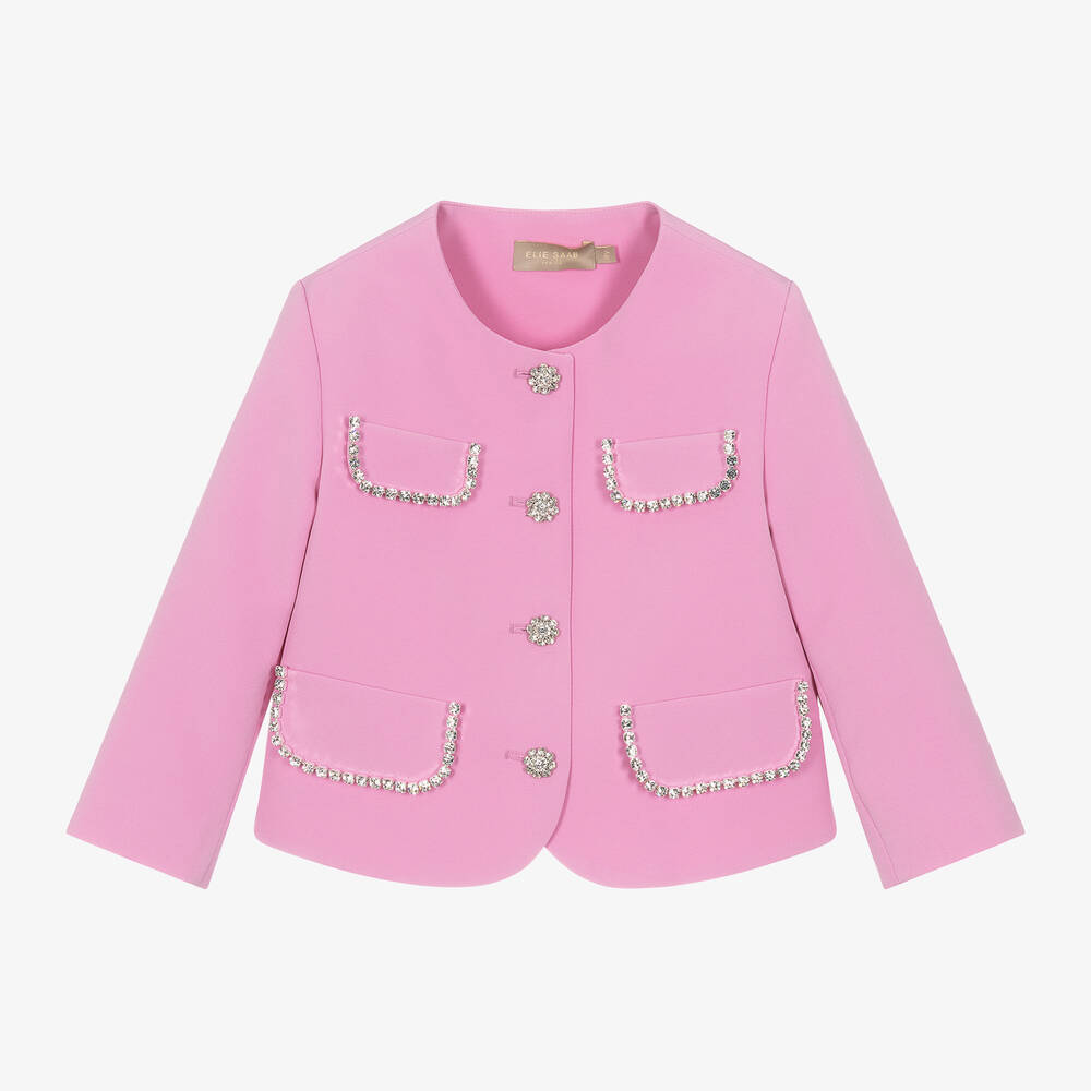 Elie Saab-جاكيت كريب لون زهري مزين بديامنتي للبنات | Childrensalon Outlet