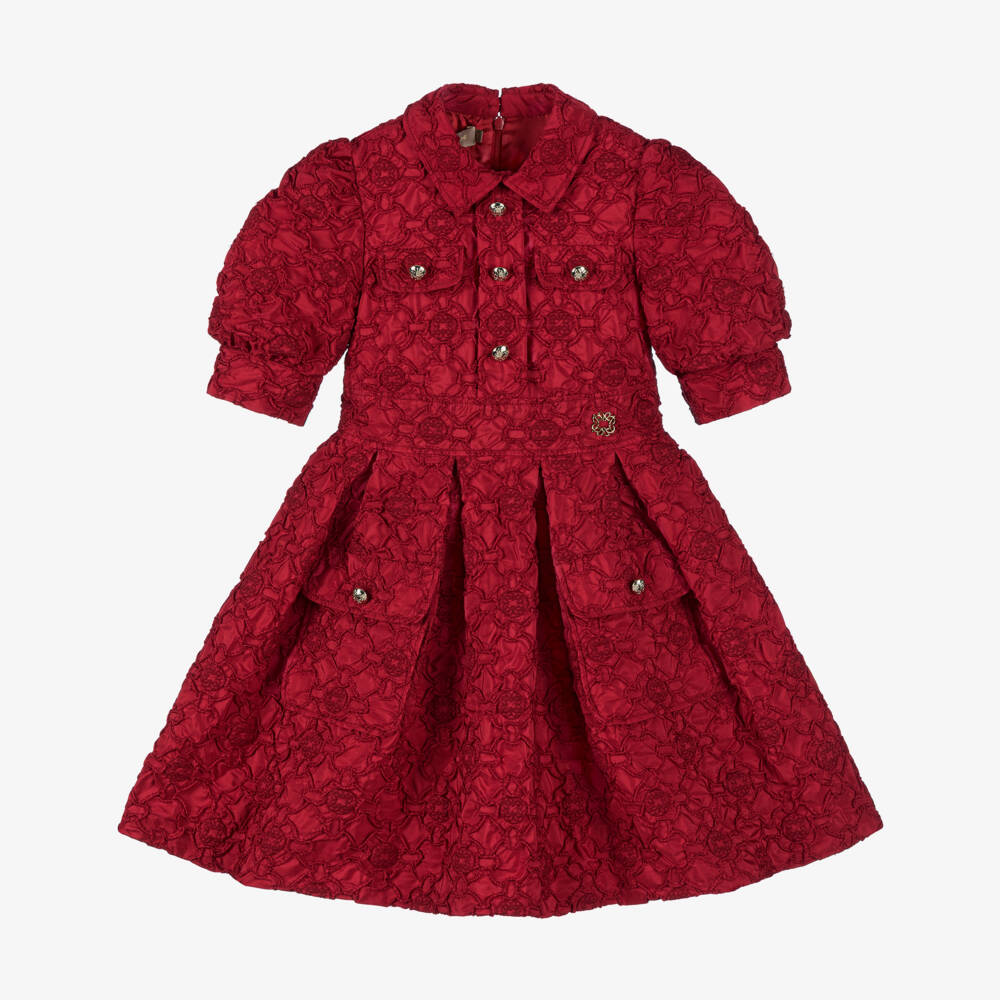 Elie Saab-Girls Red Taffeta Dress with 3D Pattern & Embroidered Logos | Childrensalon Outlet