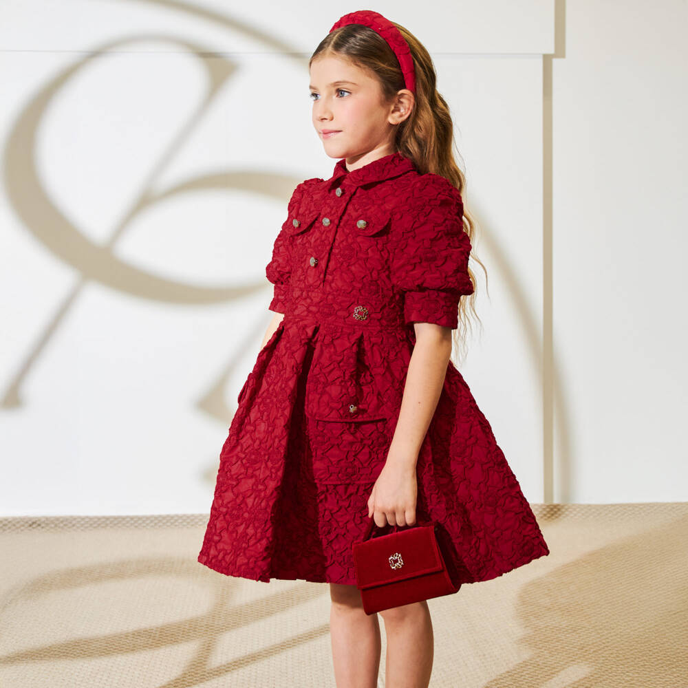 Elie Saab-Girls Red Taffeta Dress with 3D Pattern & Embroidered Logos | Childrensalon Outlet